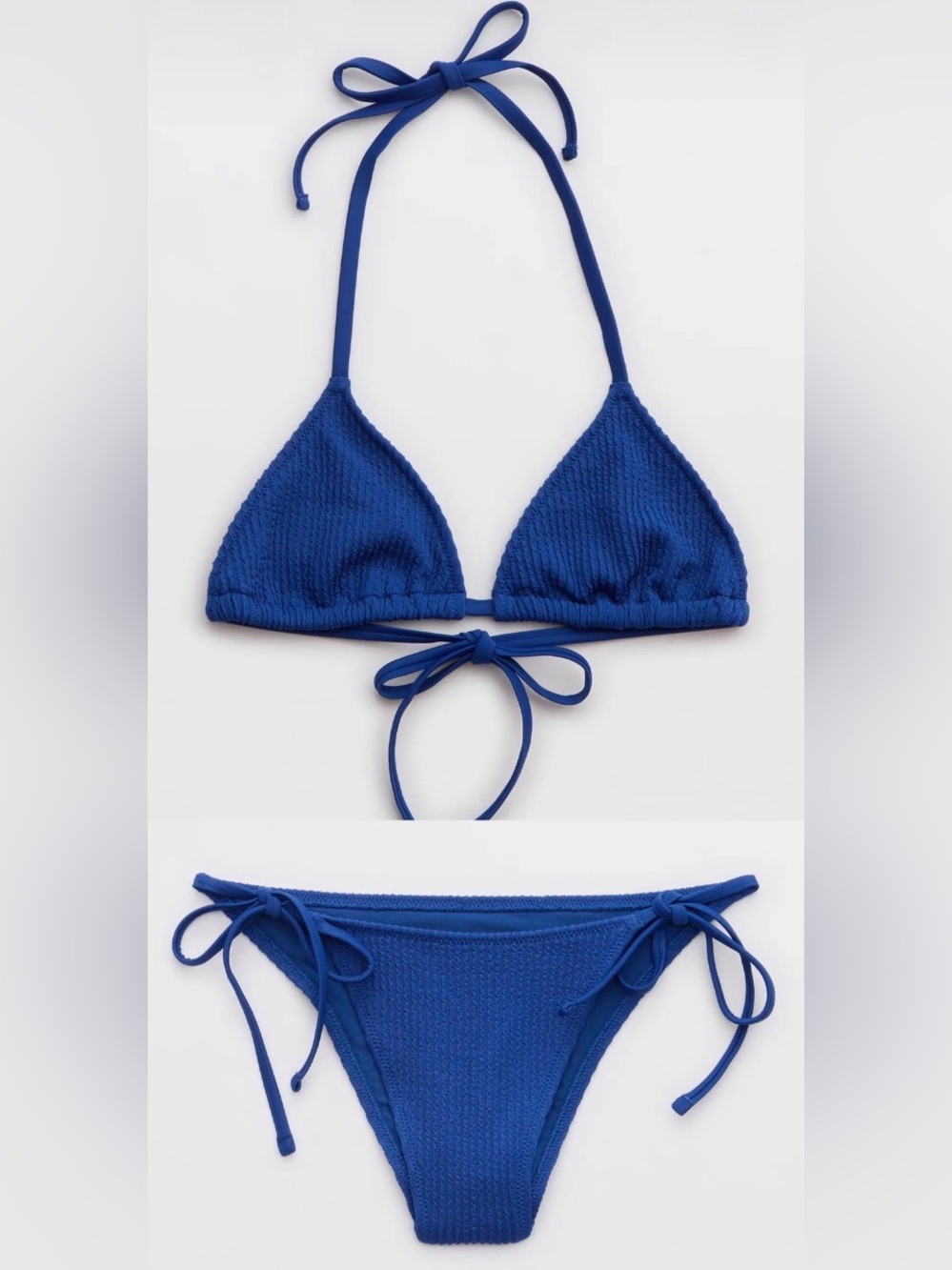 NWT Aerie FULL SET Crinkle String Triangle Top + String Tie Bottom Blue - Sz S